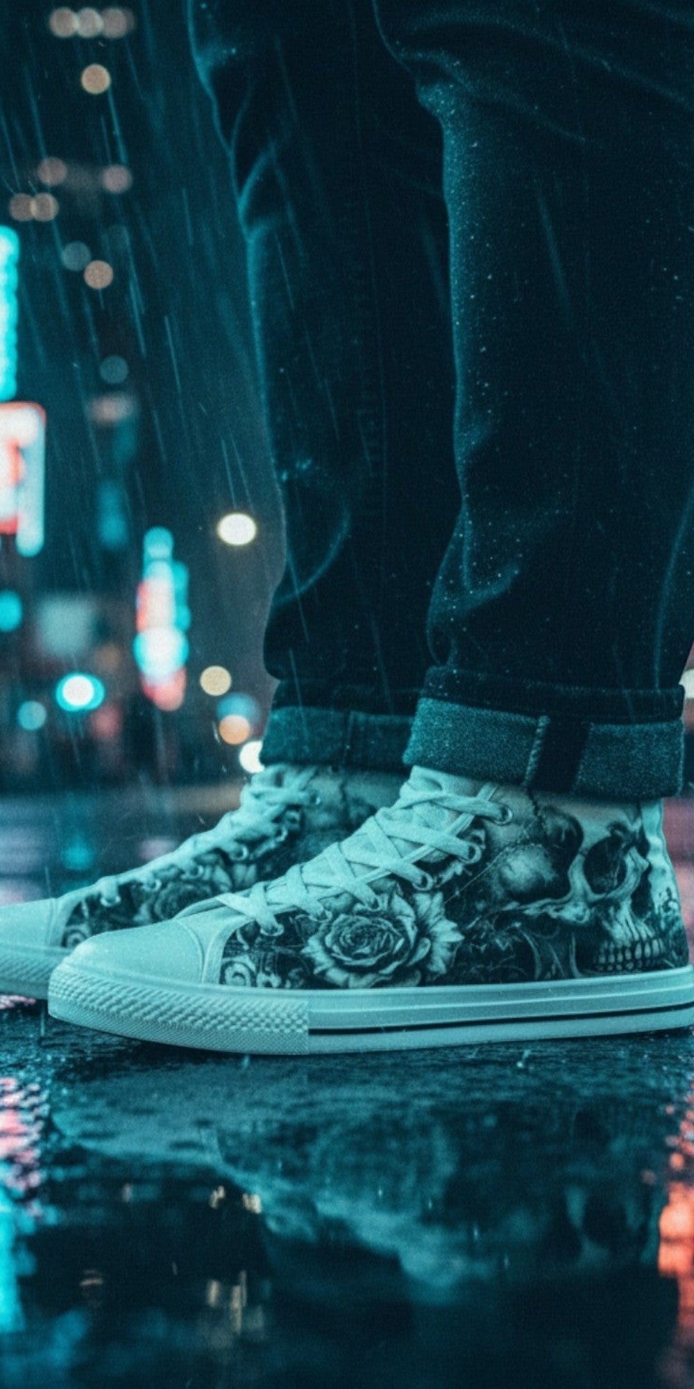 Freaky Shoes® monochrome skull and rose print high top canvas sneakers worn in a rainy city street at night.