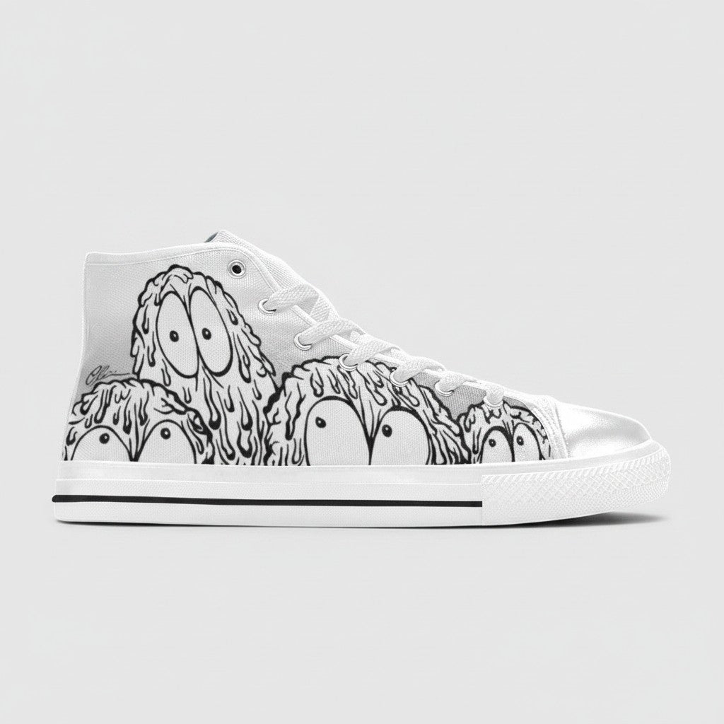 Freaky Shoes® women's white high-top canvas sneakers featuring a black and white monster character print design