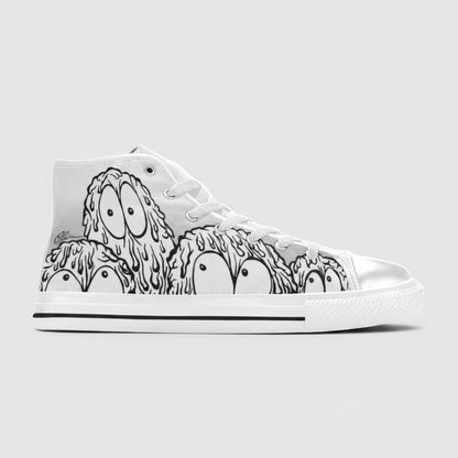 Freaky Shoes® women's white high-top canvas sneakers featuring a black and white monster character print design