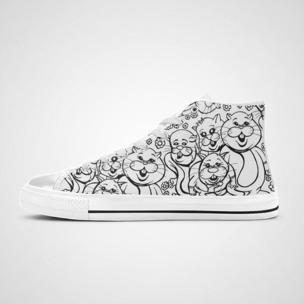 Freaky Shoes® women's high-top canvas sneakers featuring a black and white pen and ink monster rabbit art print.