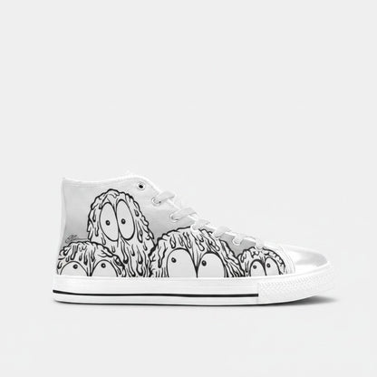 Freaky Shoes® men's high-top canvas sneakers featuring a black and white monster character print on a white base.