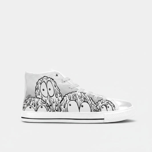 Freaky Shoes® men's high-top canvas sneakers featuring a black and white monster character print on a white base.