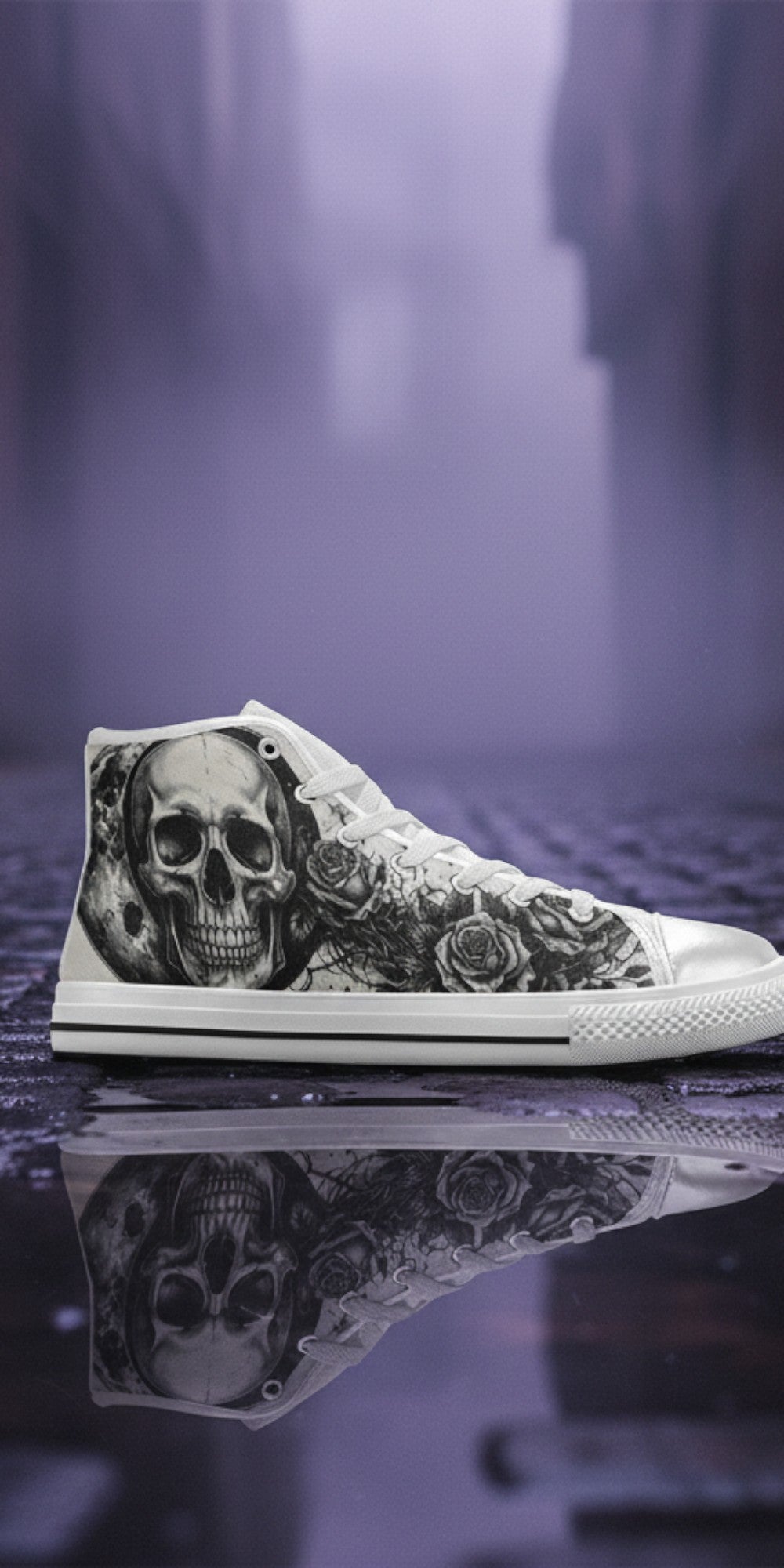 Women's Moon & Skull Dark Art Gothic high-top canvas shoes — one-of-a-kind custom printed art, Freaky Shoes