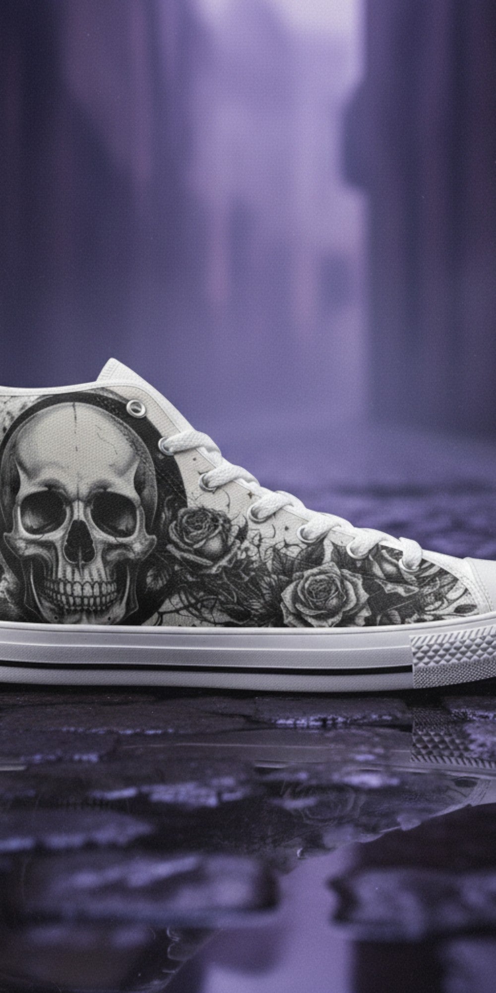 Custom Women's Moon & Skull Dark Art Gothic high-top canvas shoes with bold all-over art — Freaky Shoes