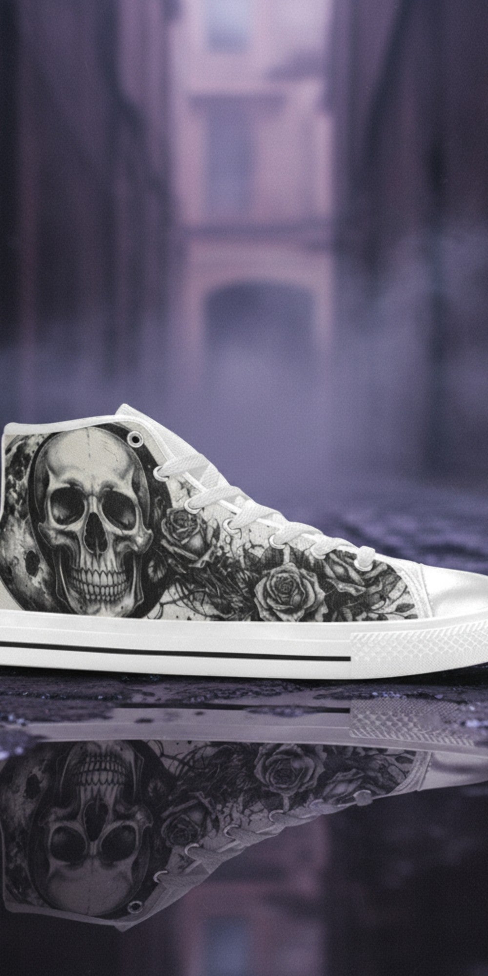 Women's Moon & Skull Dark Art Gothic high-top canvas shoes, custom full-wrap printed design — Freaky Shoes