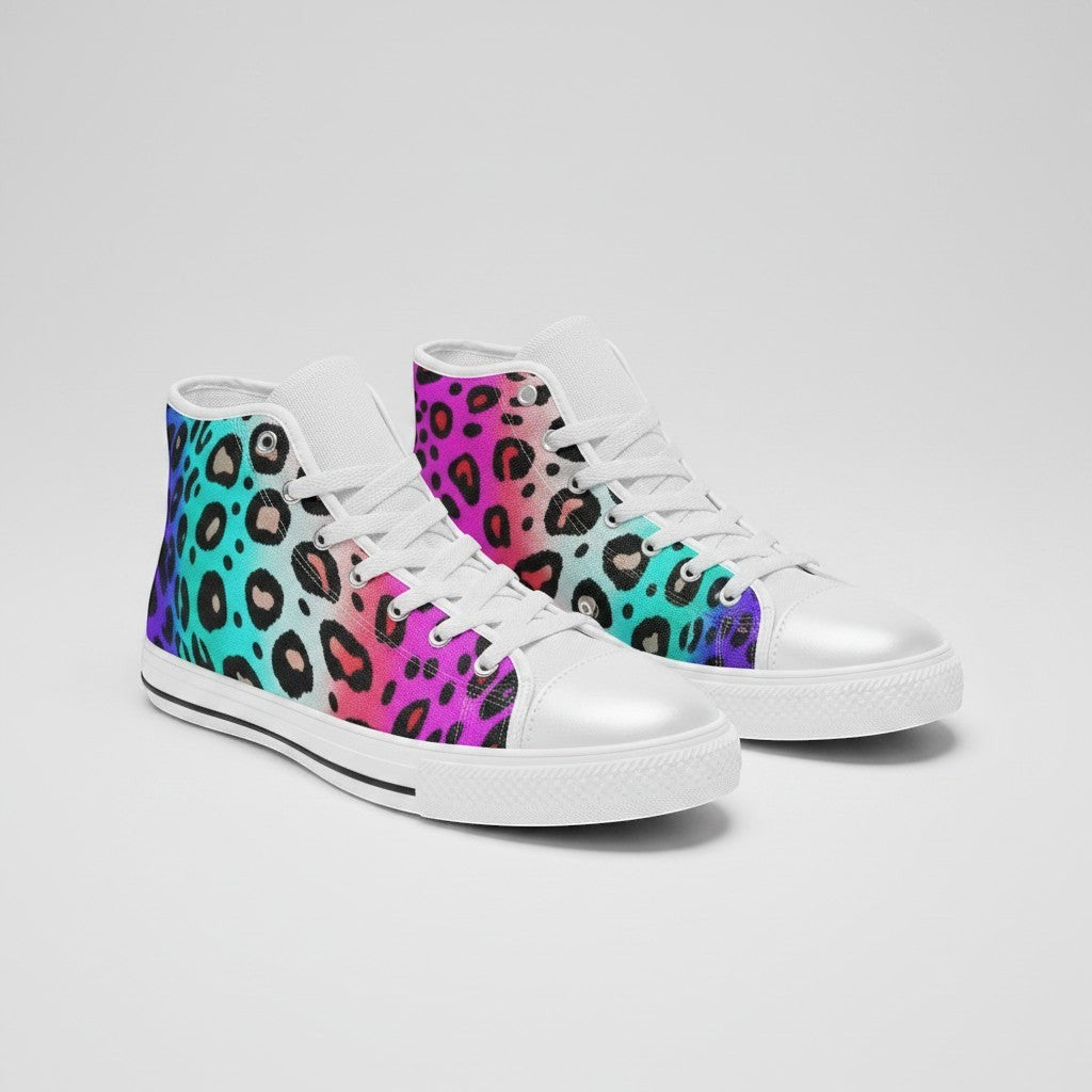 Freaky Shoes® women's high-top canvas sneakers featuring a vibrant multicolored leopard print pattern.