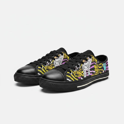 Freaky Shoes® women's low-top canvas sneakers featuring a vibrant neon animal print pattern and black trim.