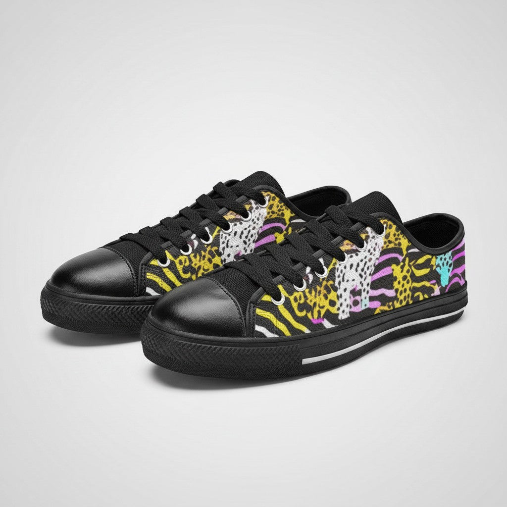 Freaky Shoes® men's low-top canvas sneakers featuring a vibrant neon animal print pattern and black trim.
