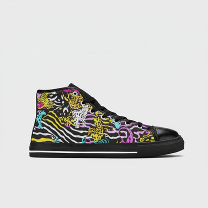Freaky Shoes® neon animal print high-top canvas sneakers with black laces and toe cap in a side profile view.