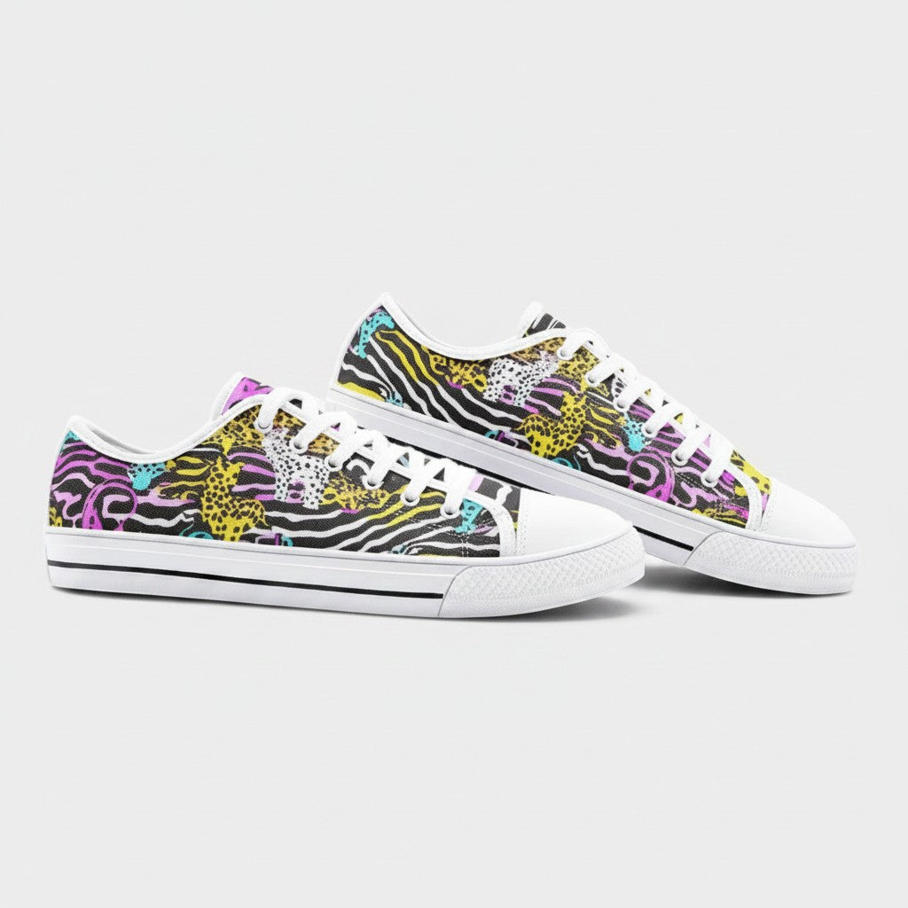 Freaky Shoes® neon animal print canvas sneakers with zebra stripes and leopard spots in vibrant colors.