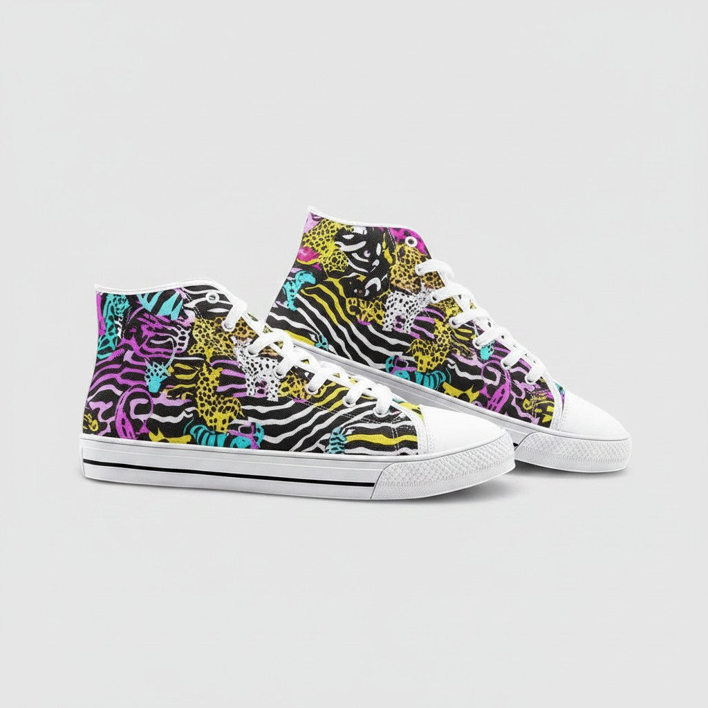 Freaky Shoes® high-top canvas sneakers featuring a vibrant neon animal print pattern with lace-up closure.
