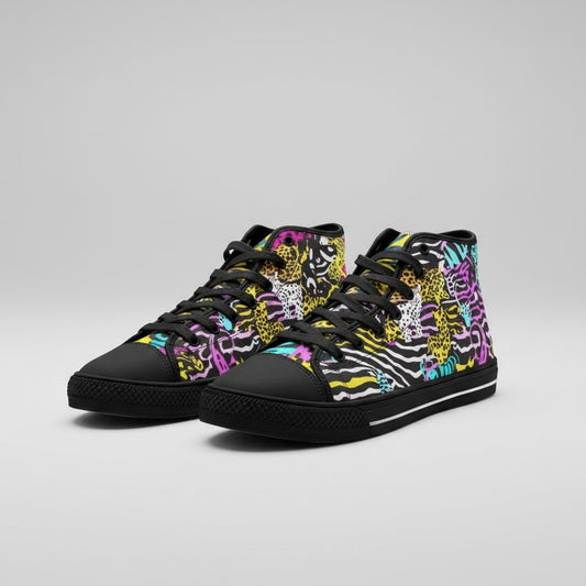 Freaky Shoes® high-top canvas sneakers featuring a vibrant neon animal print pattern with black laces and toe caps.