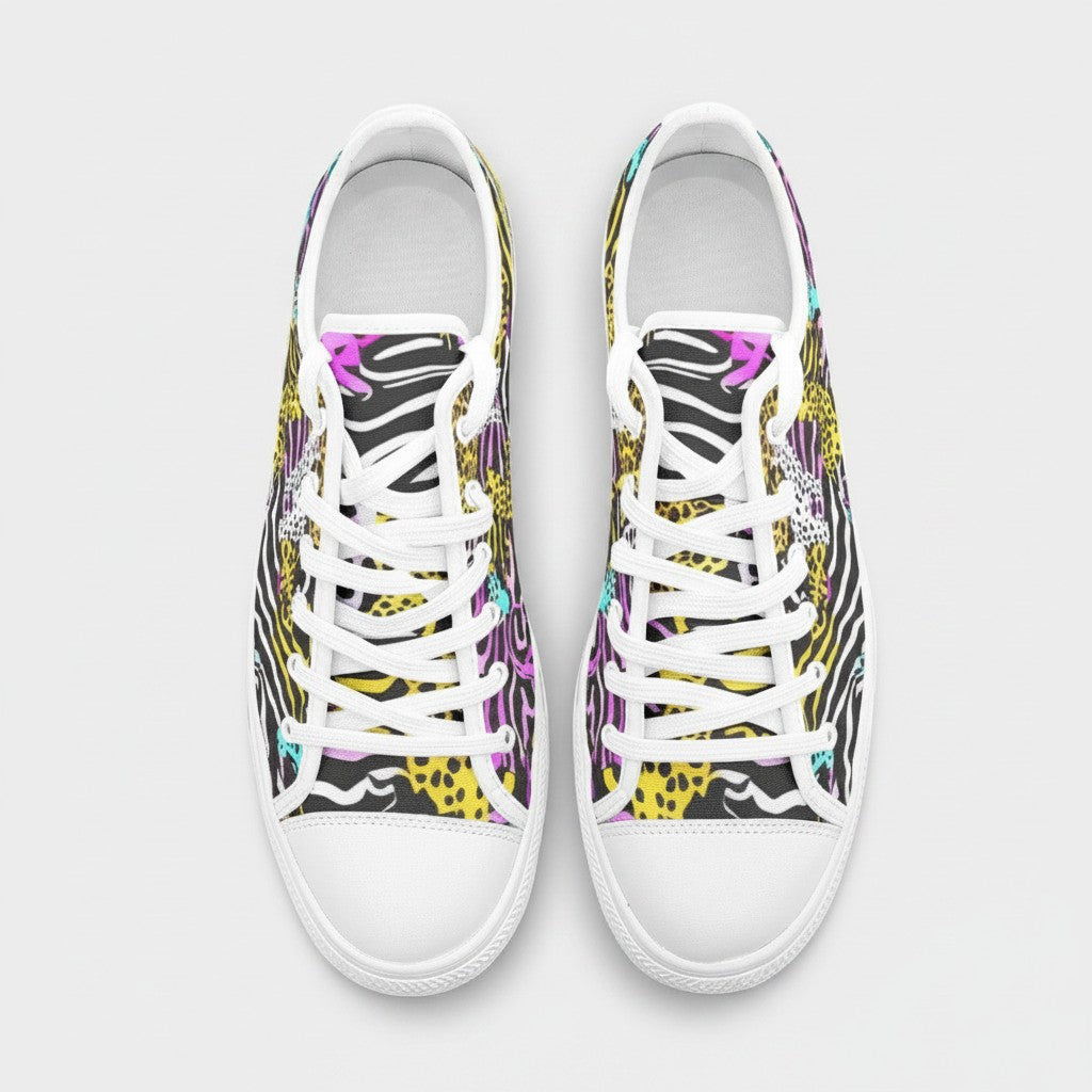 Freaky Shoes® high-top canvas sneakers featuring a vibrant neon animal print pattern with white laces and toe caps.