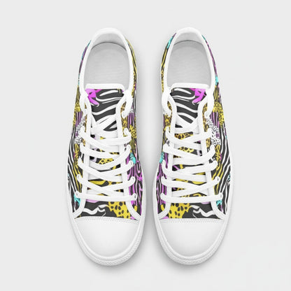 Freaky Shoes® high-top canvas sneakers featuring a vibrant neon animal print pattern with white laces and toe caps.