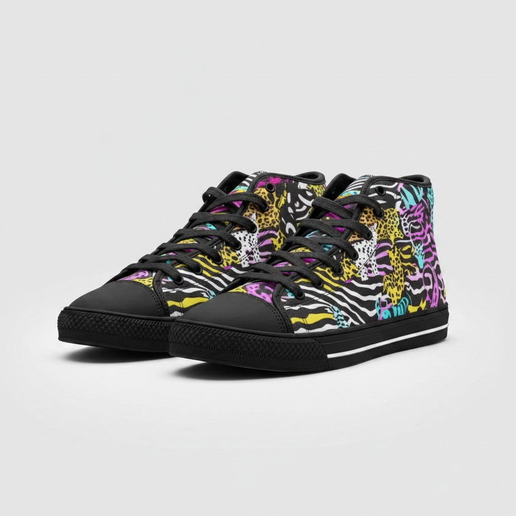 Freaky Shoes® high-top canvas sneakers featuring a vibrant neon animal print pattern with black laces and rubber soles.