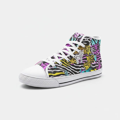 Freaky Shoes® high-top canvas sneakers featuring a vibrant neon animal print pattern with zebra and leopard motifs.