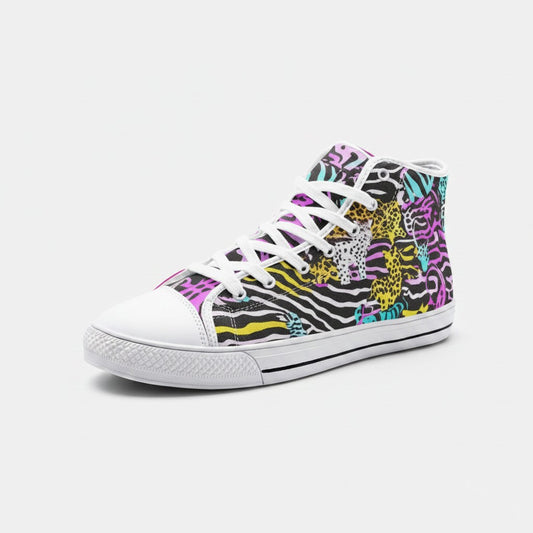Freaky Shoes® high-top canvas sneakers featuring a vibrant neon animal print pattern with zebra and leopard motifs.