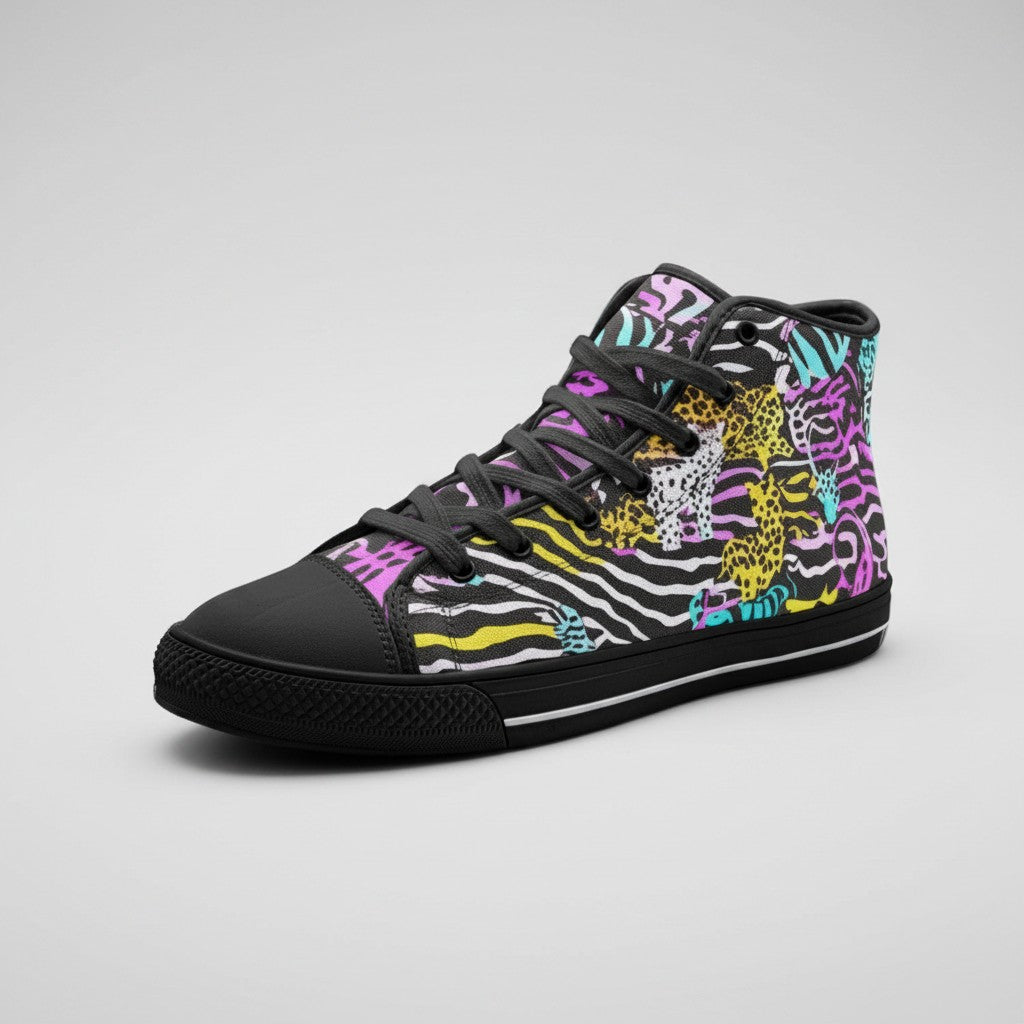 Freaky Shoes® high-top canvas sneakers featuring a vibrant neon animal print pattern with black laces and rubber soles.
