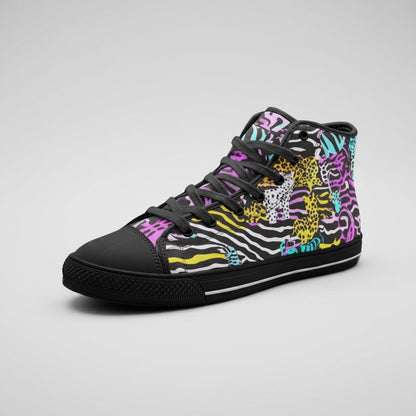Freaky Shoes® high-top canvas sneakers featuring a vibrant neon animal print pattern with black laces and rubber soles.