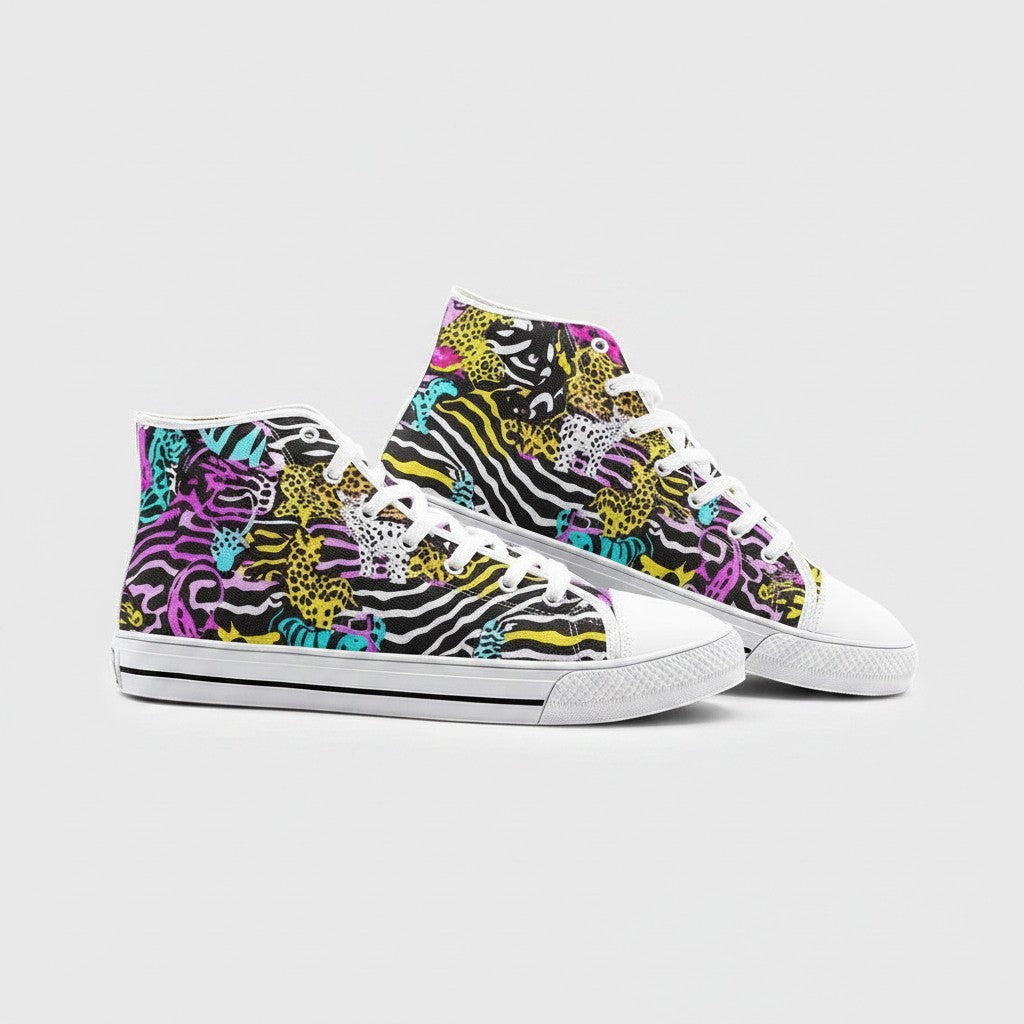 Freaky Shoes® high-top canvas sneakers featuring a vibrant neon animal print pattern with lace-up closure.