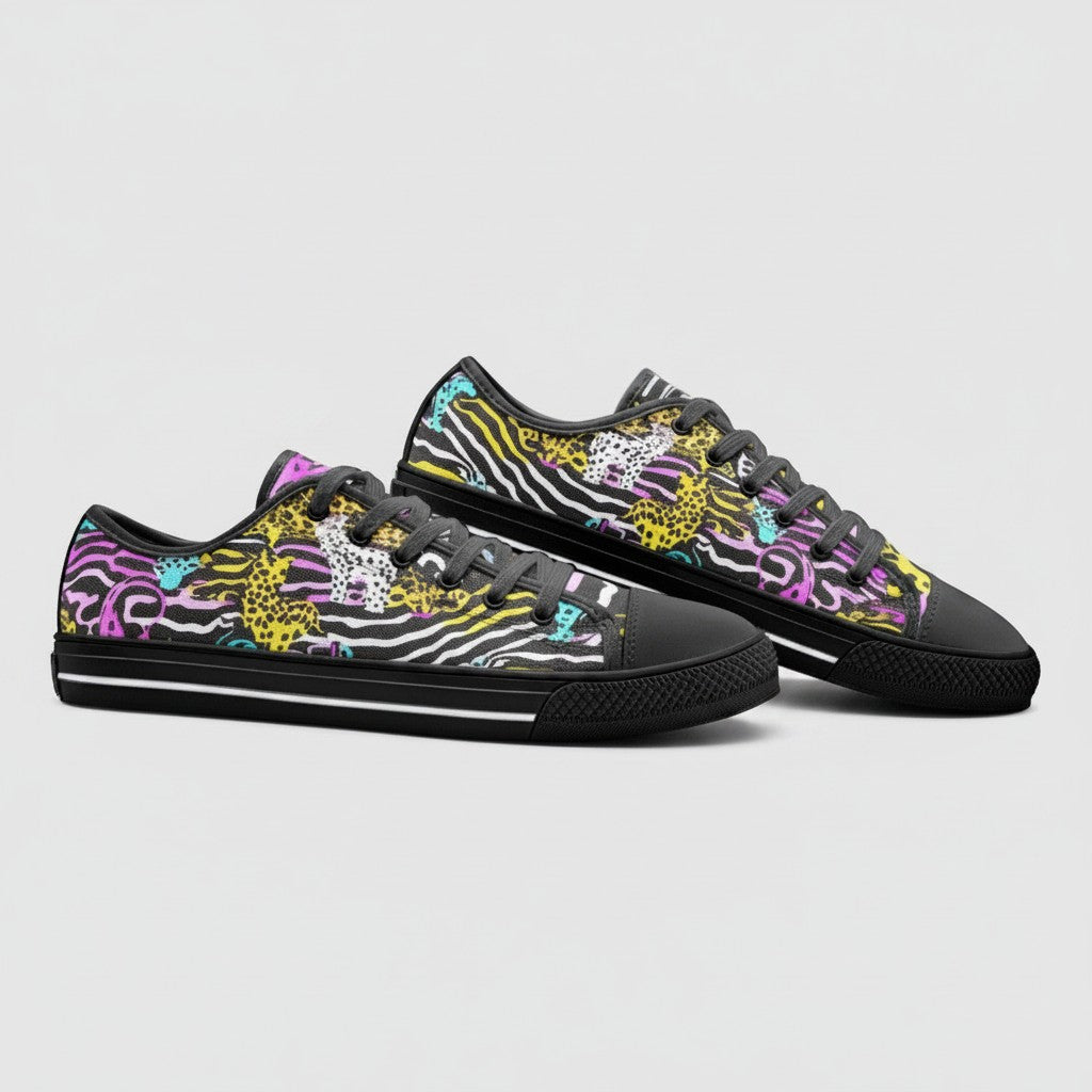 Freaky Shoes® high-top canvas sneakers featuring a vibrant neon animal print pattern on a black background.