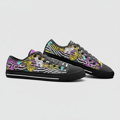 Freaky Shoes® high-top canvas sneakers featuring a vibrant neon animal print pattern on a black background.