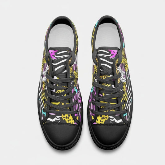 Freaky Shoes® neon animal print high-top canvas sneakers with black laces and a vibrant multi-colored pattern.