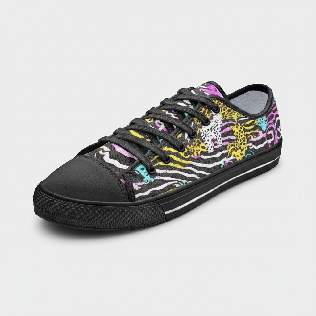 Freaky Shoes® neon animal print canvas high-top sneakers with black laces and a bold, colorful patterned design.
