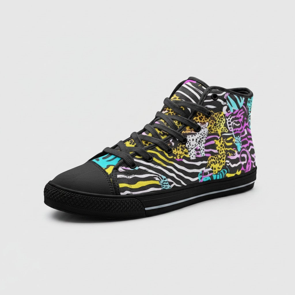 Freaky Shoes® high-top canvas sneakers featuring a vibrant neon animal print pattern with black laces and rubber sole.