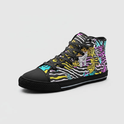 Freaky Shoes® high-top canvas sneakers featuring a vibrant neon animal print pattern with black laces and rubber sole.