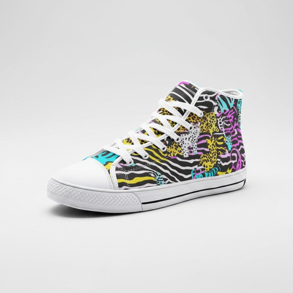 Freaky Shoes® high-top canvas sneakers featuring a vibrant neon animal print pattern with white laces and toe cap.