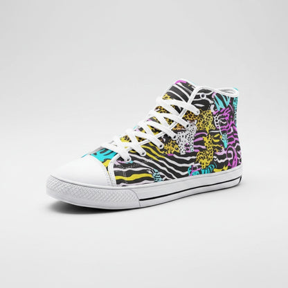 Freaky Shoes® high-top canvas sneakers featuring a vibrant neon animal print pattern with white laces and toe cap.
