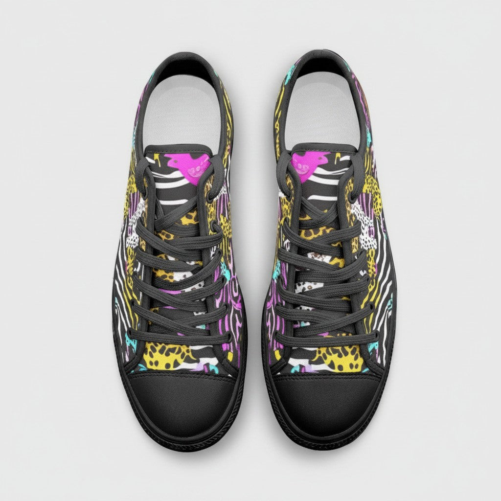 Freaky Shoes® neon animal print high-top canvas sneakers with black laces and rubber toe caps, top-down view.
