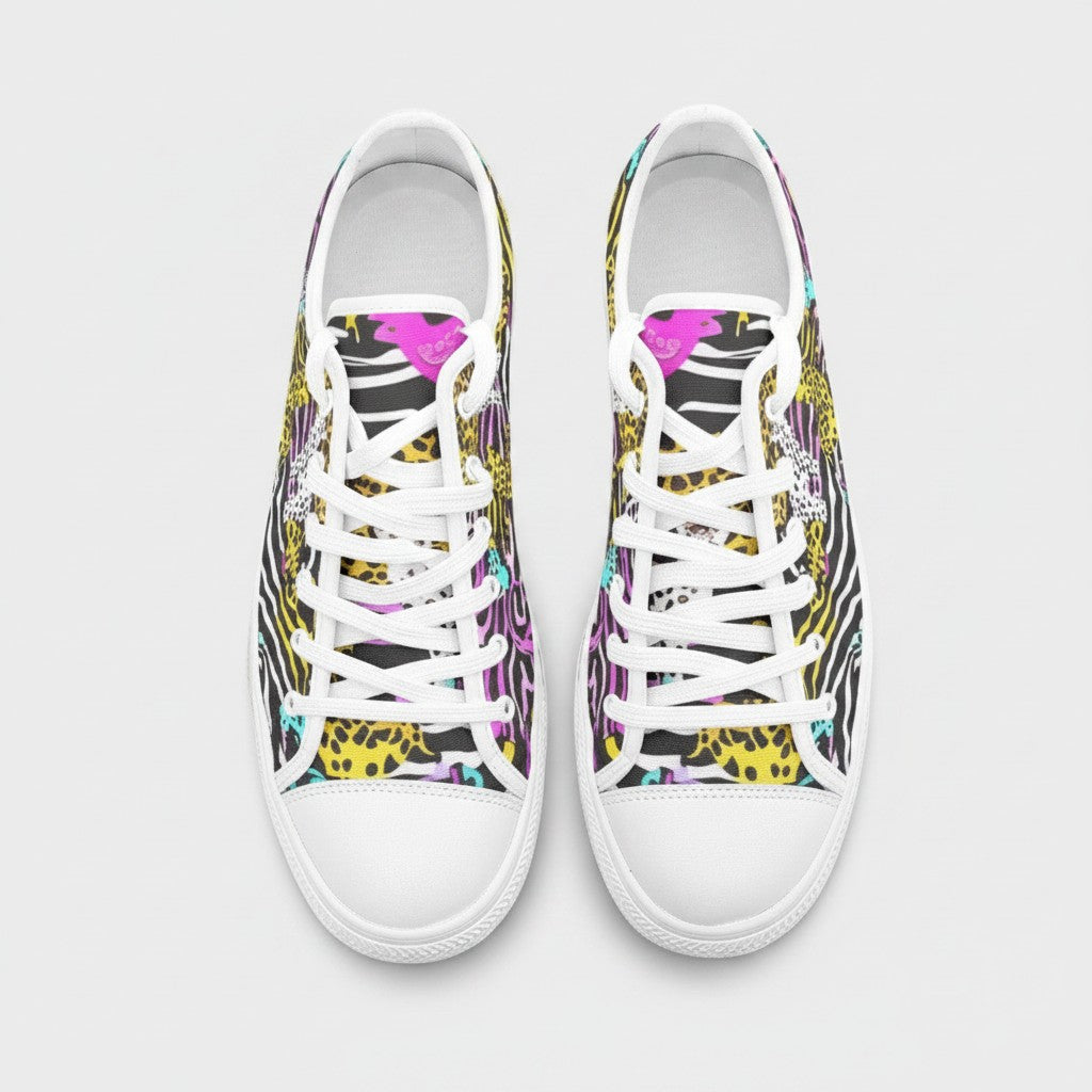 Freaky Shoes® neon animal print high-top canvas sneakers with lace-up closure and white rubber toe caps.