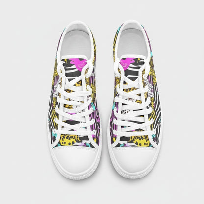 Freaky Shoes® neon animal print high-top canvas sneakers with lace-up closure and white rubber toe caps.