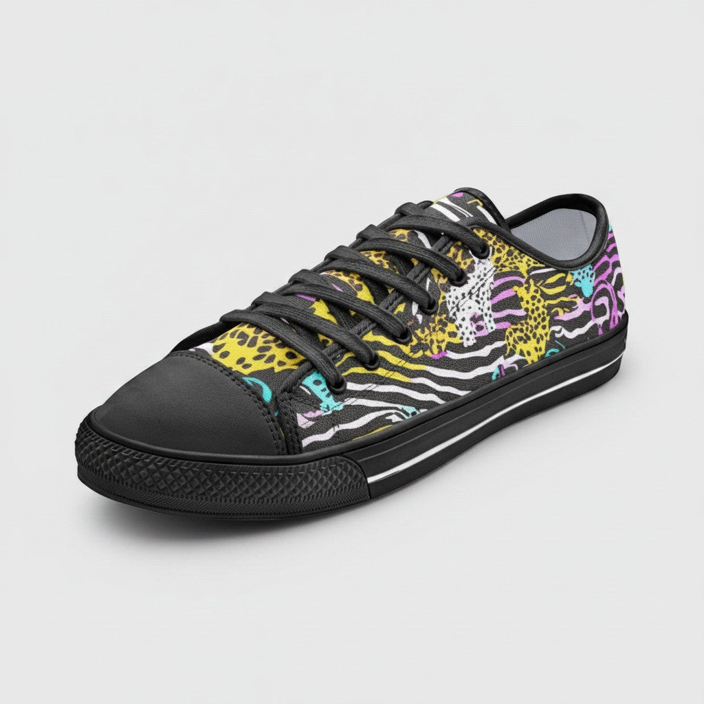 Freaky Shoes® neon animal print canvas sneakers with black laces and rubber toe cap on a light grey background