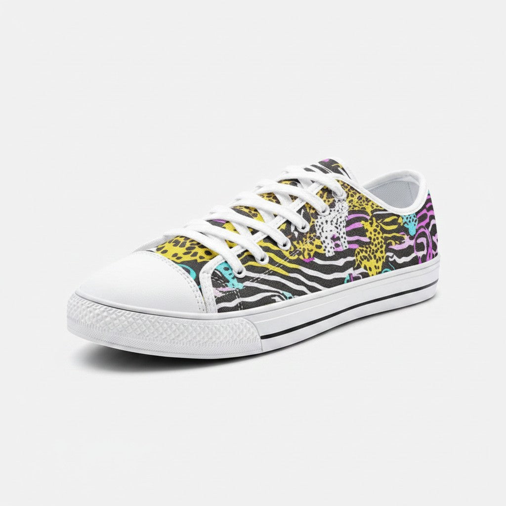 Freaky Shoes® neon animal print canvas sneakers with zebra and leopard patterns in vibrant colors and white laces.