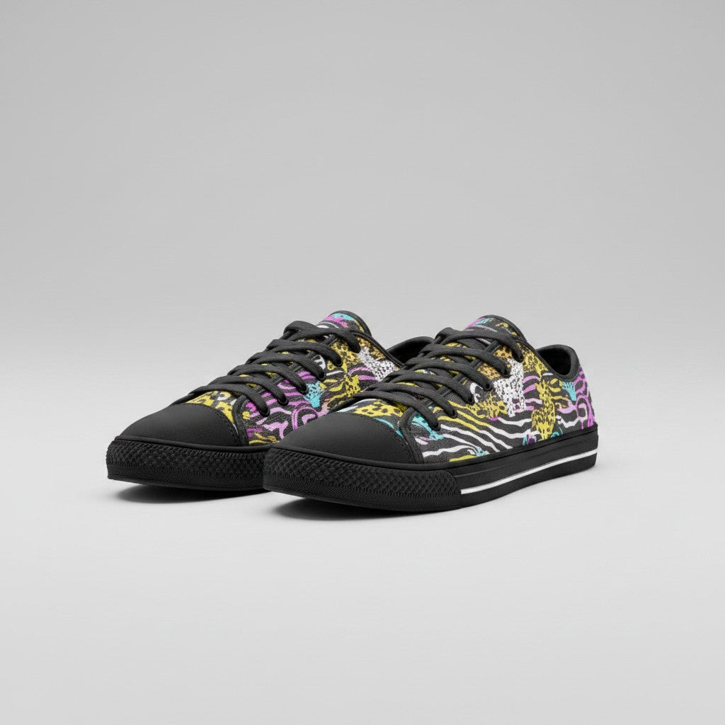 Freaky Shoes® neon animal print canvas sneakers with black laces and rubber toe caps in a vibrant, patterned design.