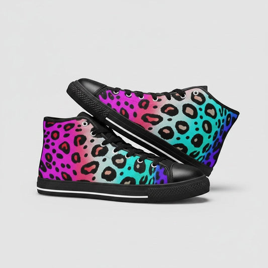 Freaky Shoes® women's high-top canvas sneakers featuring a vibrant neon pink and blue leopard print pattern.