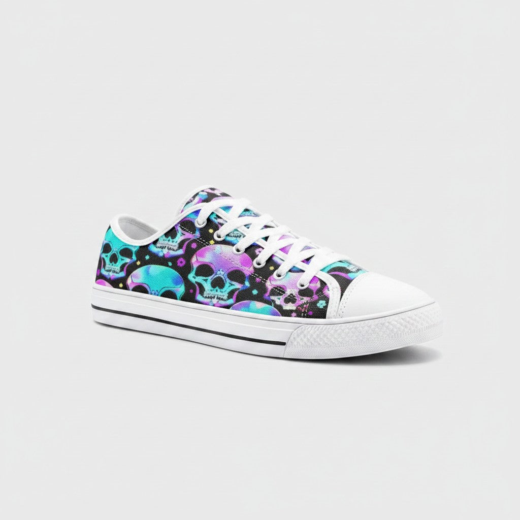 Freaky Shoes® canvas low-top sneakers featuring a vibrant neon skull print on a black background with white laces.