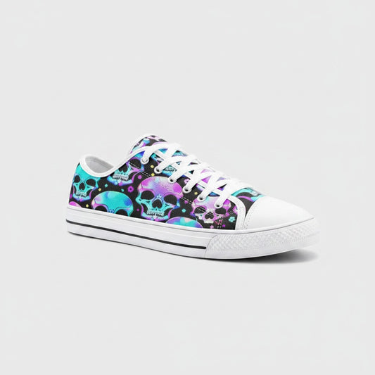 Freaky Shoes® canvas low-top sneakers featuring a vibrant neon skull print on a black background with white laces.