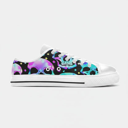 Freaky Shoes® women's low-top canvas sneakers featuring a vibrant neon skull pattern on a black background