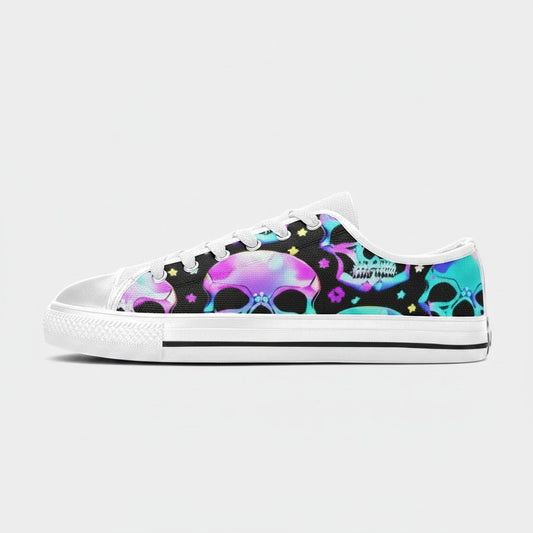 Freaky Shoes® women's canvas low-top sneakers featuring a vibrant neon skull pattern on a black background.