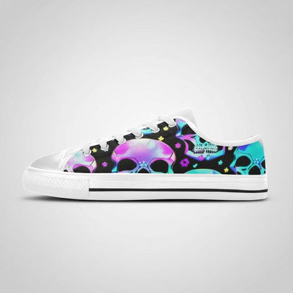 Freaky Shoes® men's canvas sneakers featuring a vibrant neon skull pattern on a black background with white soles.