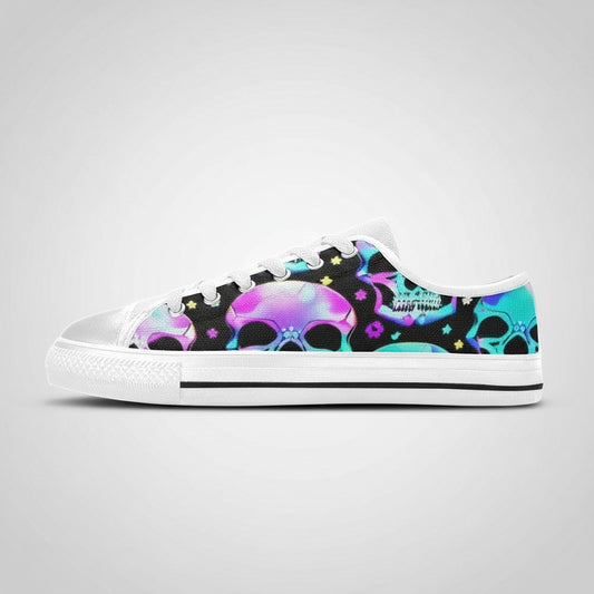 Freaky Shoes® men's canvas sneakers featuring a vibrant neon skull pattern on a black background with white soles.