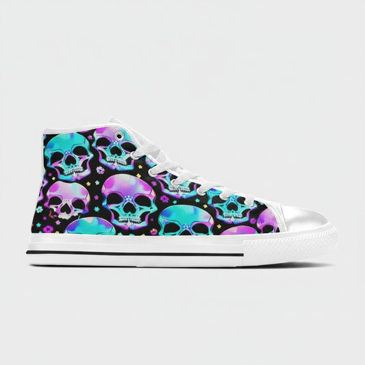 Freaky Shoes® men's high-top canvas sneakers featuring a vibrant neon skull pattern on a black background.