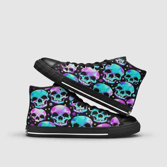 Freaky Shoes® women's high-top canvas sneakers featuring a vibrant neon skull pattern on a black background.