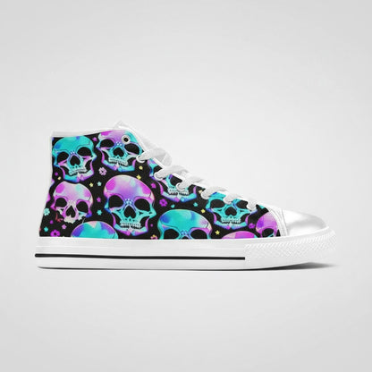 Freaky Shoes® women's high-top canvas sneakers featuring a vibrant neon skull pattern on a black background.