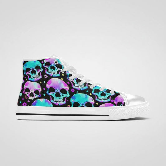 Freaky Shoes® women's high-top canvas sneakers featuring a vibrant neon skull pattern on a black background.