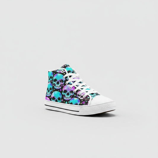 Freaky Shoes® high-top canvas sneakers featuring a vibrant neon skull pattern on a black background